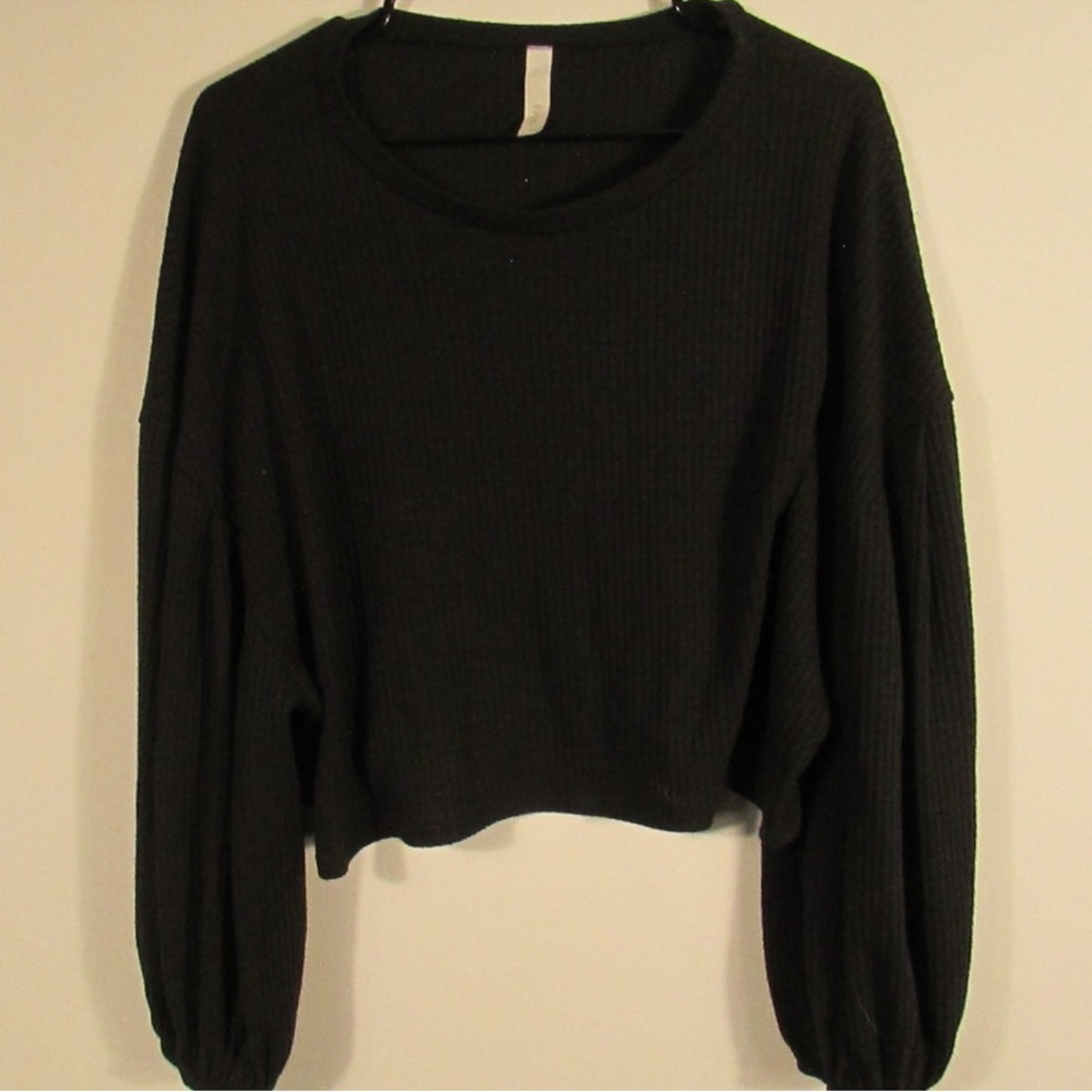 Primi Oversized Black Waffle Knit Long Sleeve Top